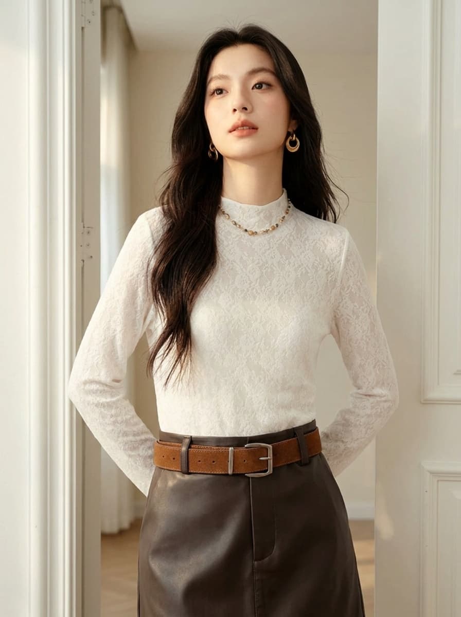 가을 겨울철 프랑스식 레이스 긴팔 맨위 여성 몸매 가꾸기 슬림해 보이는 반하이넥 홀로우 아웃 기본 셔츠 외국 가스 다용도 작은 셔츠 상세 이미지 7