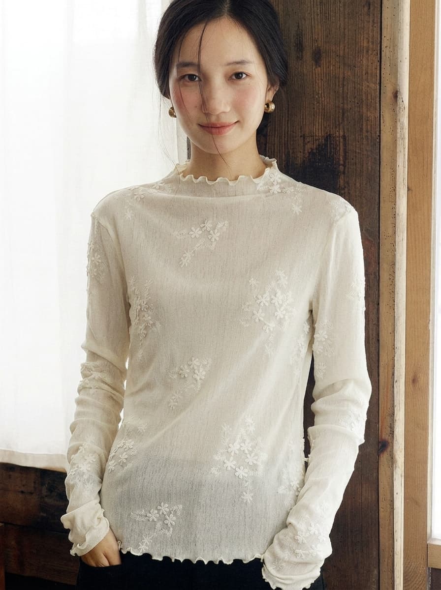 부드러운 바람 레이스 자수 긴팔 기본 셔츠 여성 반하이넥 몸매 가꾸기 슬림해 보이는 망사 인사이드 가져 가라. 품격 맨위
