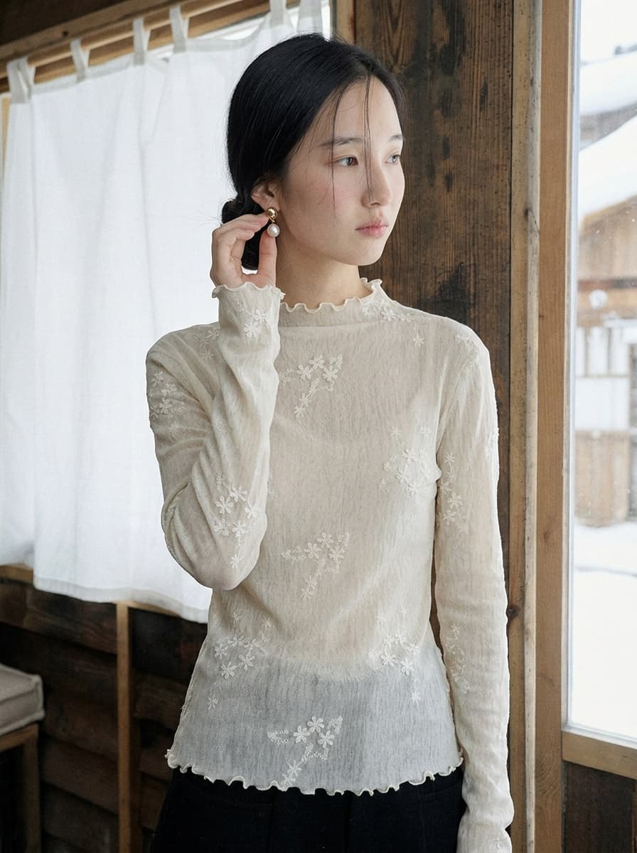 부드러운 바람 레이스 자수 긴팔 기본 셔츠 여성 반하이넥 몸매 가꾸기 슬림해 보이는 망사 인사이드 가져 가라. 품격 맨위 상세 이미지 4