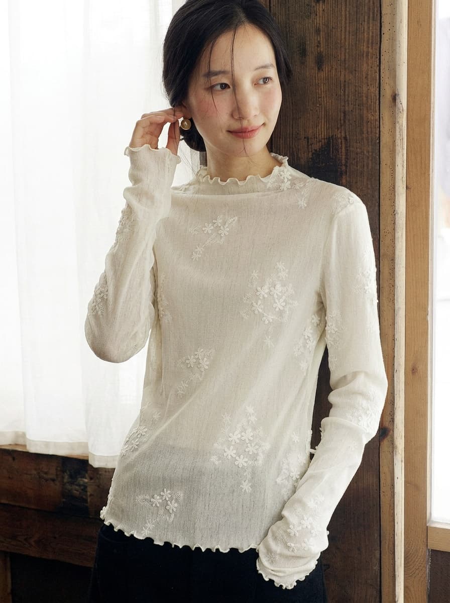 부드러운 바람 레이스 자수 긴팔 기본 셔츠 여성 반하이넥 몸매 가꾸기 슬림해 보이는 망사 인사이드 가져 가라. 품격 맨위 상세 이미지 5