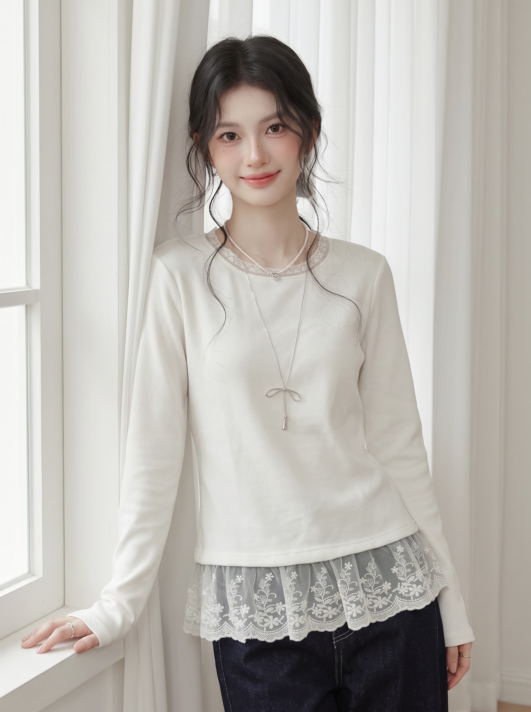 봄 가을 새로운 레이스 자수 밑단 긴팔 맨위 여성 몸매 가꾸기 다용도 라운드 넥 화이트 인사이드 가져 가라. 기본 셔츠 상세 이미지 4