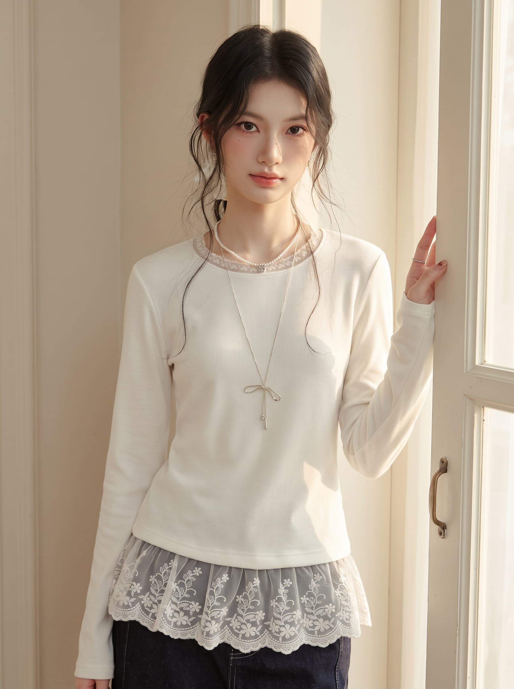 봄 가을 새로운 레이스 자수 밑단 긴팔 맨위 여성 몸매 가꾸기 다용도 라운드 넥 화이트 인사이드 가져 가라. 기본 셔츠 상세 이미지 6