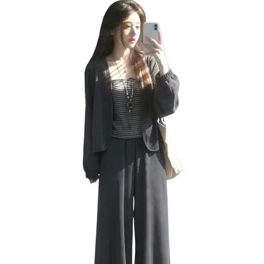 한 부서 회색 오픈 가디건 슬립 맨위 와이드 레깅스 바지 가을 2026 새로운 작은 키 그레이트 통해보기 가져 가라. 전체 집합 이미지 5
