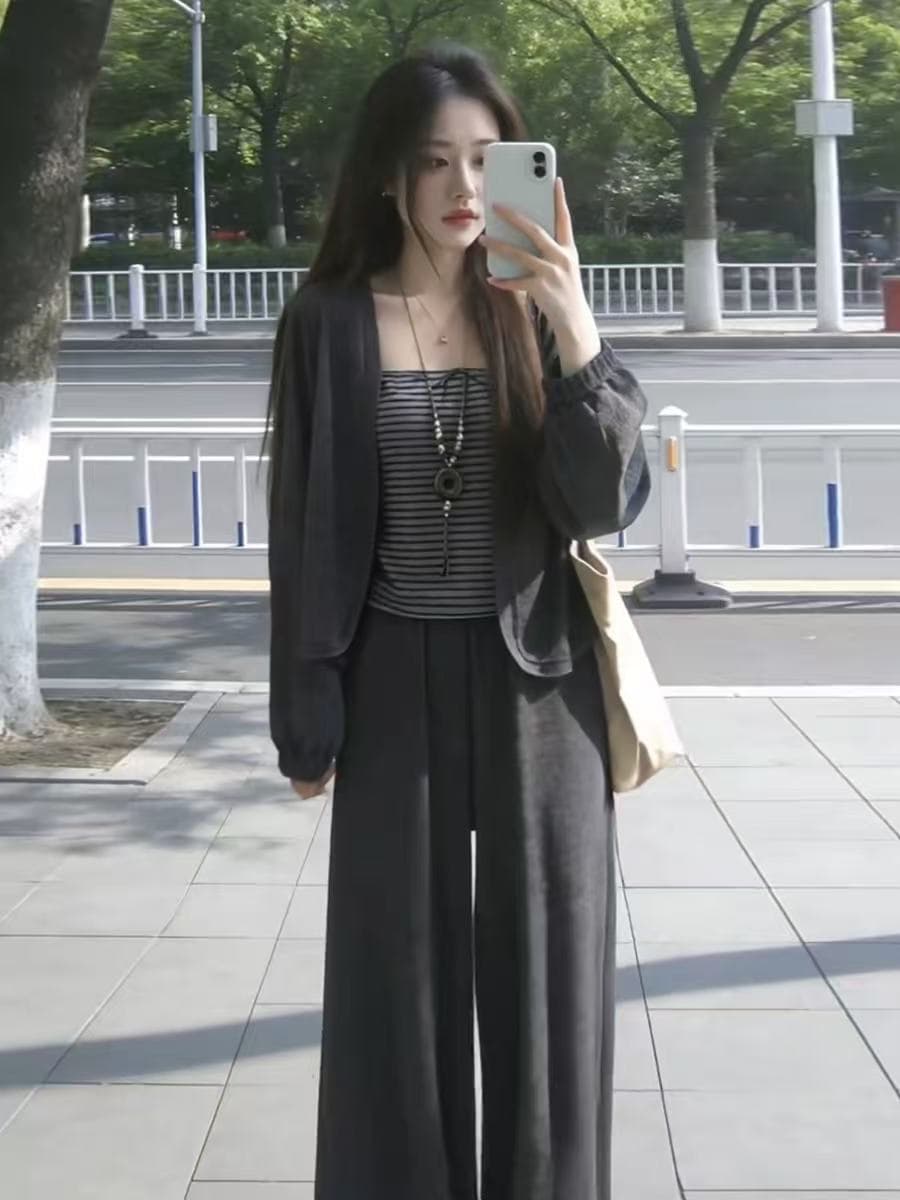 한 부서 회색 오픈 가디건 슬립 맨위 와이드 레깅스 바지 가을 2026 새로운 작은 키 그레이트 통해보기 가져 가라. 전체 집합