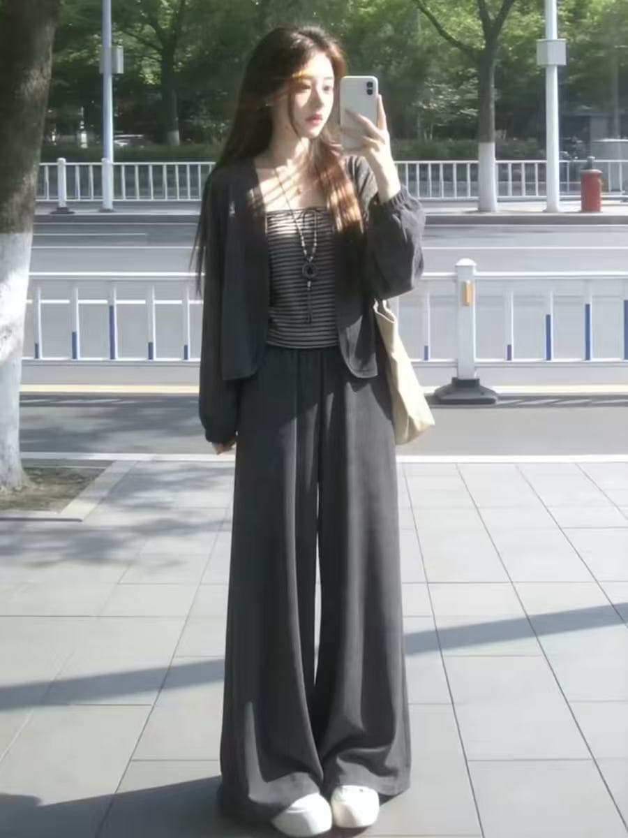 한 부서 회색 오픈 가디건 슬립 맨위 와이드 레깅스 바지 가을 2026 새로운 작은 키 그레이트 통해보기 가져 가라. 전체 집합 이미지 3