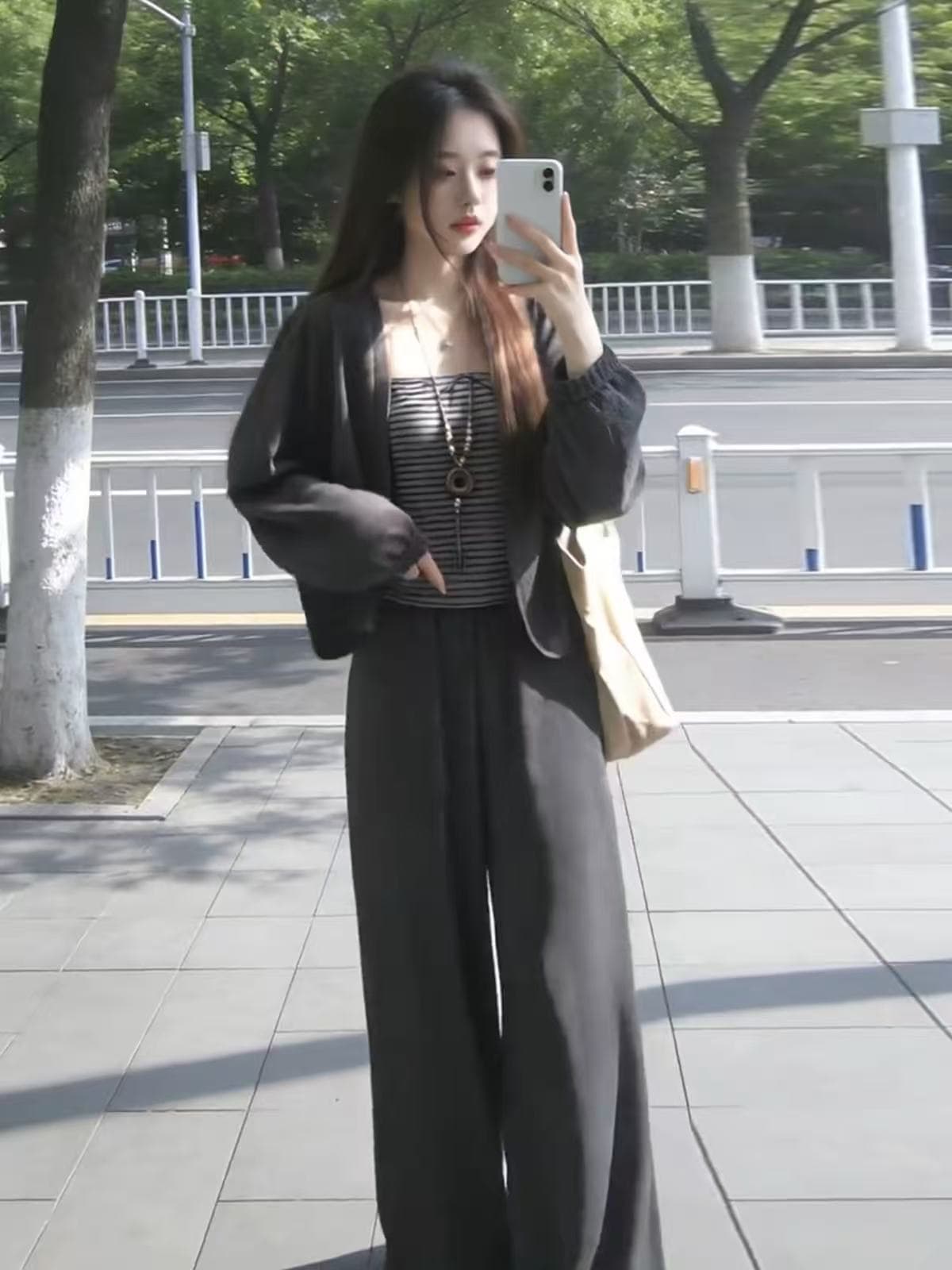 한 부서 회색 오픈 가디건 슬립 맨위 와이드 레깅스 바지 가을 2026 새로운 작은 키 그레이트 통해보기 가져 가라. 전체 집합 이미지 4
