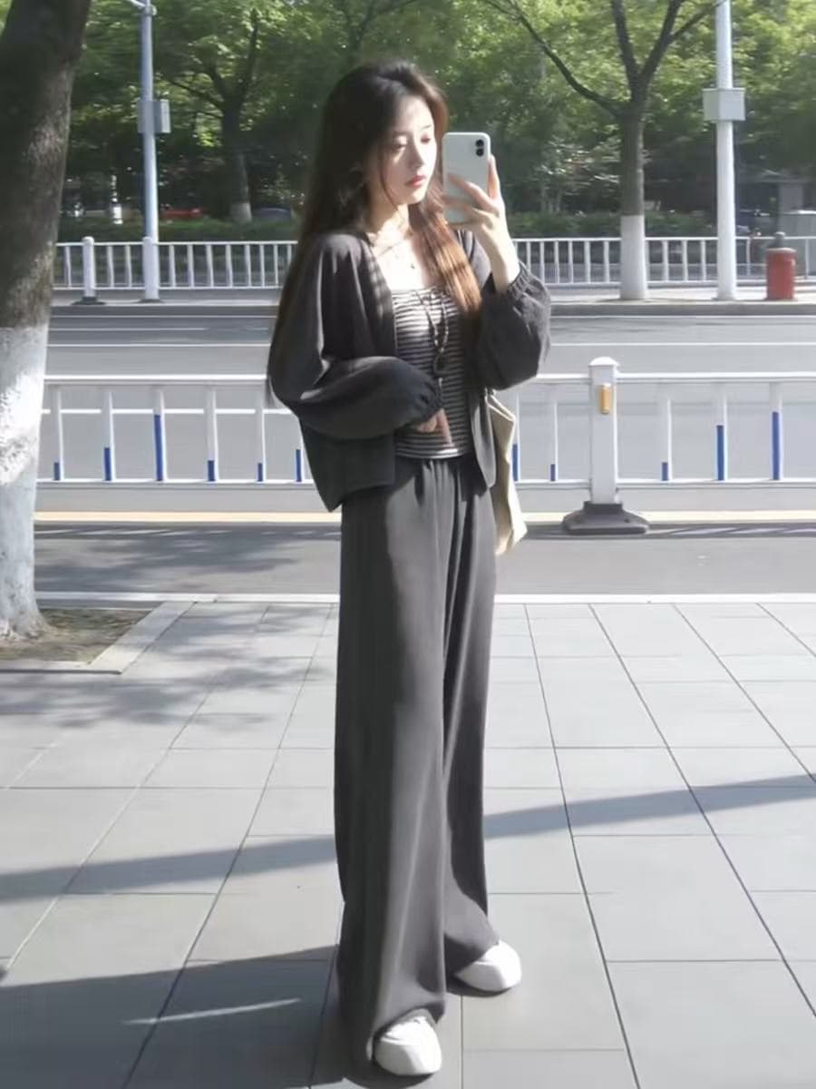 한 부서 회색 오픈 가디건 슬립 맨위 와이드 레깅스 바지 가을 2026 새로운 작은 키 그레이트 통해보기 가져 가라. 전체 집합 상세 이미지 4