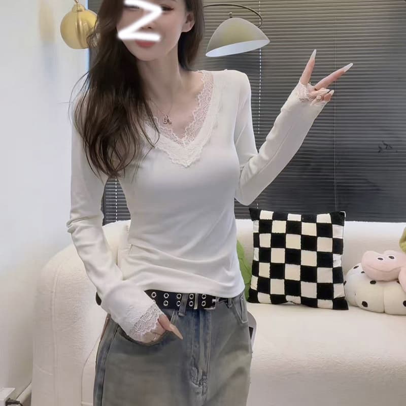 경관 그림 250그램 2 2 슈 슈 피부 플러시 V넥 레이스 기본 셔츠 여성 봄 가을 겨울 털이 있는 긴팔 티셔츠 De 플러시
