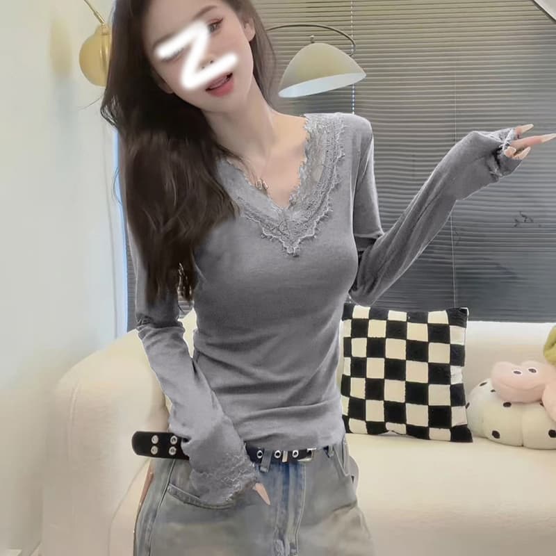 경관 그림 250그램 2 2 슈 슈 피부 플러시 V넥 레이스 기본 셔츠 여성 봄 가을 겨울 털이 있는 긴팔 티셔츠 De 플러시 상세 이미지 2