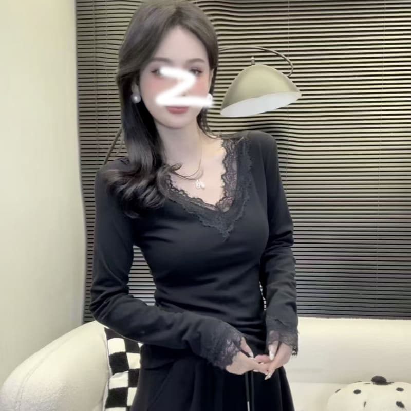 경관 그림 250그램 2 2 슈 슈 피부 플러시 V넥 레이스 기본 셔츠 여성 봄 가을 겨울 털이 있는 긴팔 티셔츠 De 플러시 상세 이미지 6