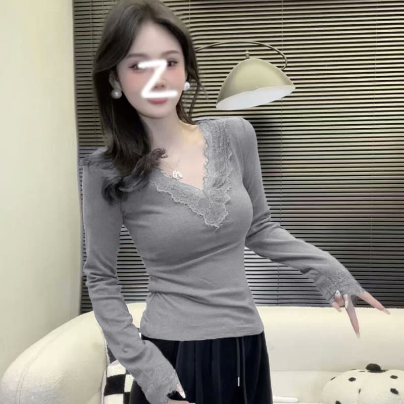 경관 그림 250그램 2 2 슈 슈 피부 플러시 V넥 레이스 기본 셔츠 여성 봄 가을 겨울 털이 있는 긴팔 티셔츠 De 플러시 상세 이미지 7