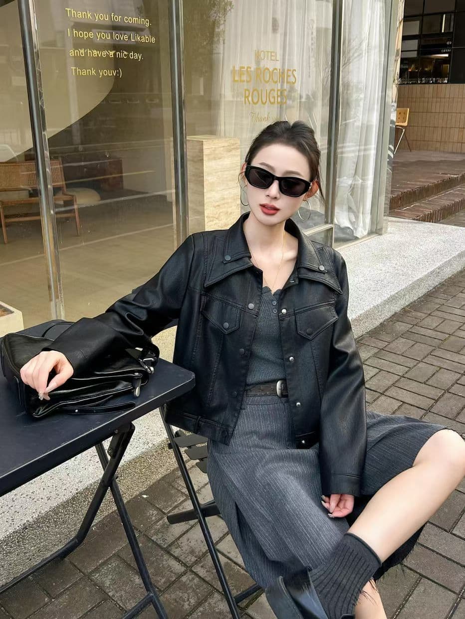 폴로 칼라 가죽 재킷 여성 2026 가을 새로운 루즈핏 쇼트 스타일 오토바이 재킷 패션 작은 키 연령 감소 다용도 재킷 상세 이미지 7