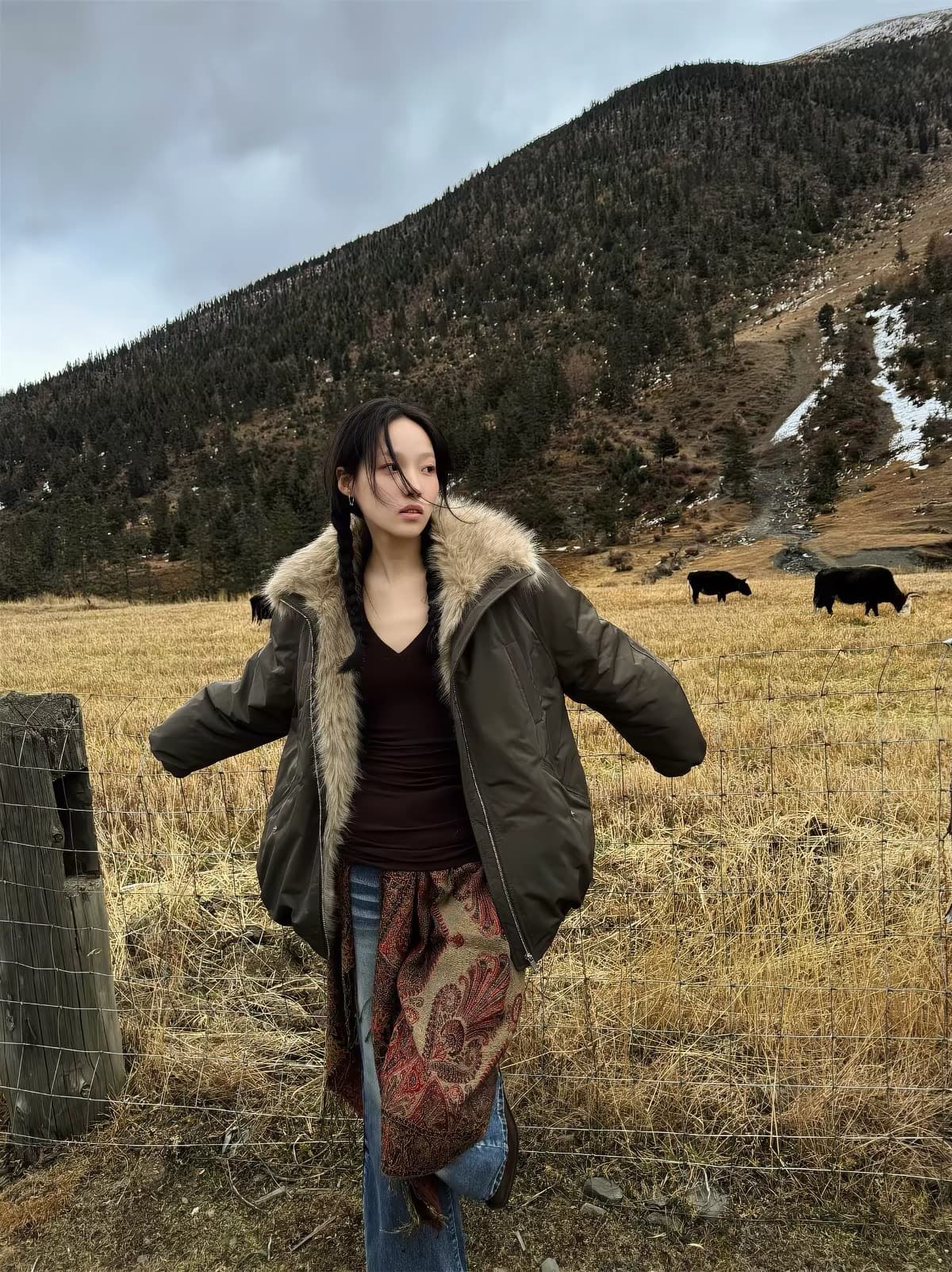 2026 겨울 새로운 플리스 패치워크 바 En 바람 꽃밭 Parker 면 의류 여성 아메리칸 레트로 두꺼운 면 옷 재킷 상세 이미지 5
