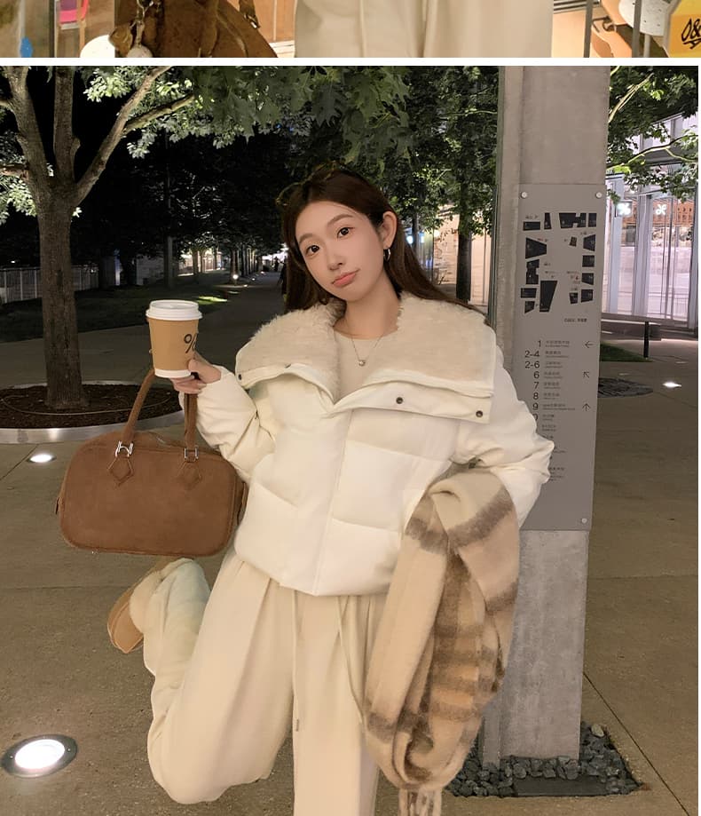 실사 2026 겨울 새로운 양털 빅 칼라 한 부서 루즈핏 짧은 여성 PU 가죽 패션 면 의류 재킷 상세 이미지 7