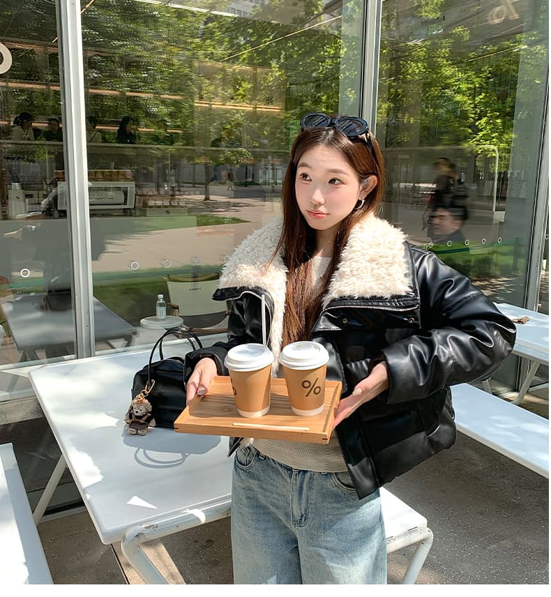 실사 2026 겨울 새로운 양털 빅 칼라 한 부서 루즈핏 짧은 여성 PU 가죽 패션 면 의류 재킷 상세 이미지 12