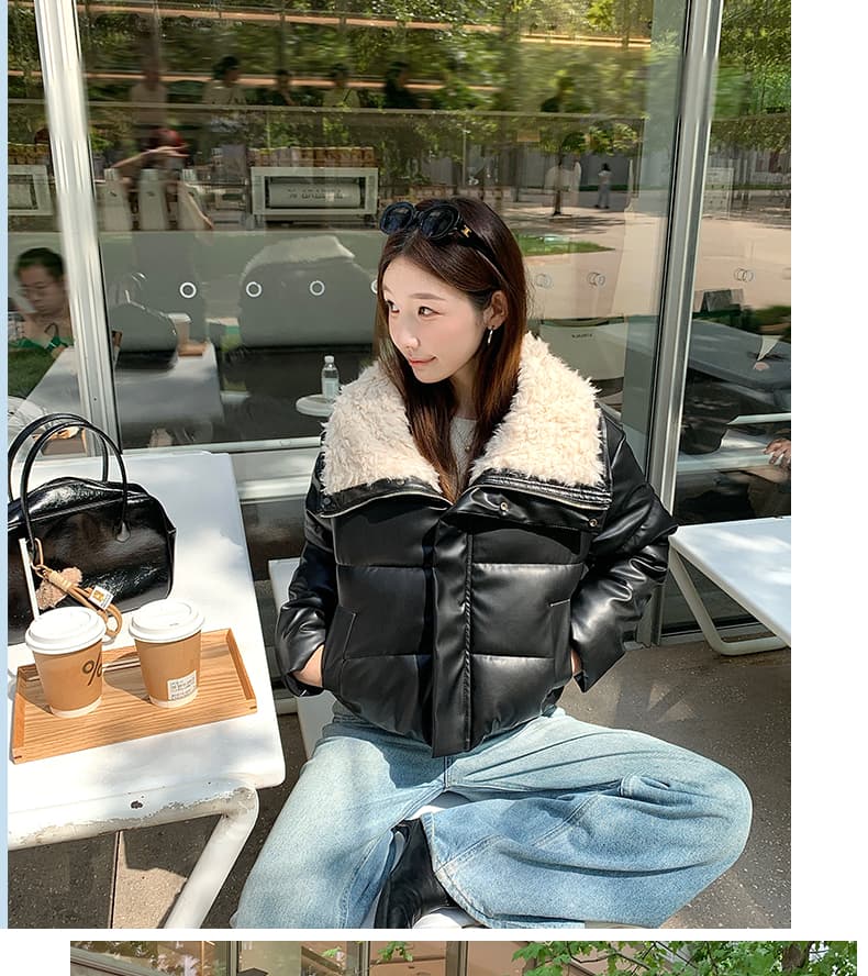 실사 2026 겨울 새로운 양털 빅 칼라 한 부서 루즈핏 짧은 여성 PU 가죽 패션 면 의류 재킷 상세 이미지 15