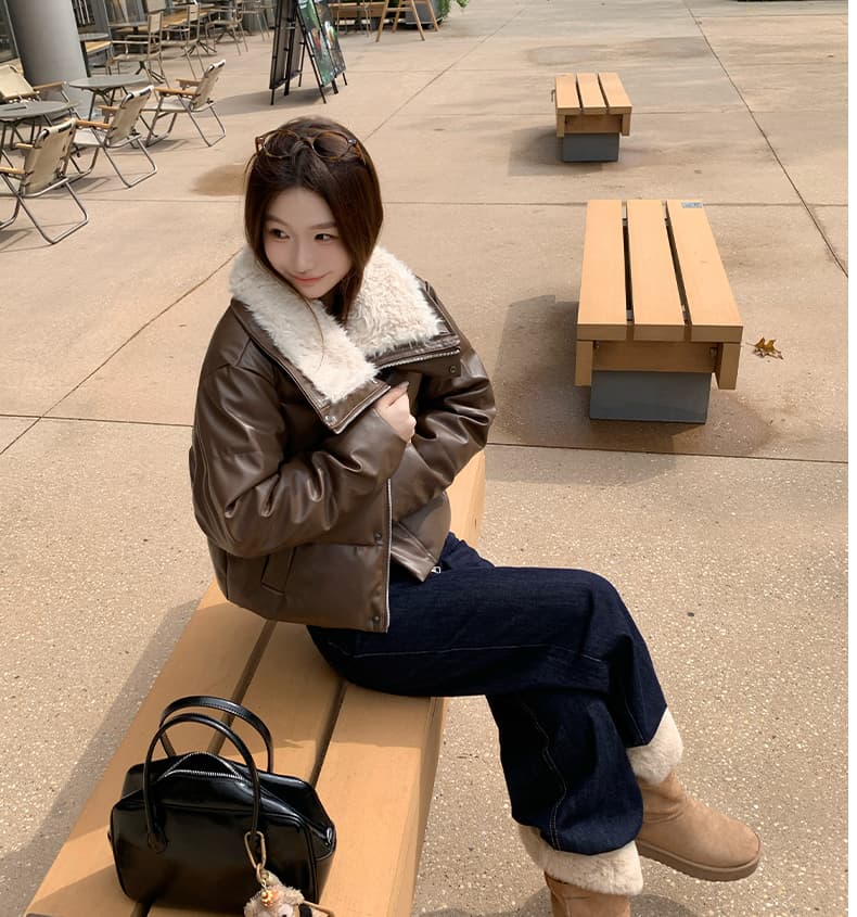 실사 2026 겨울 새로운 양털 빅 칼라 한 부서 루즈핏 짧은 여성 PU 가죽 패션 면 의류 재킷 상세 이미지 20