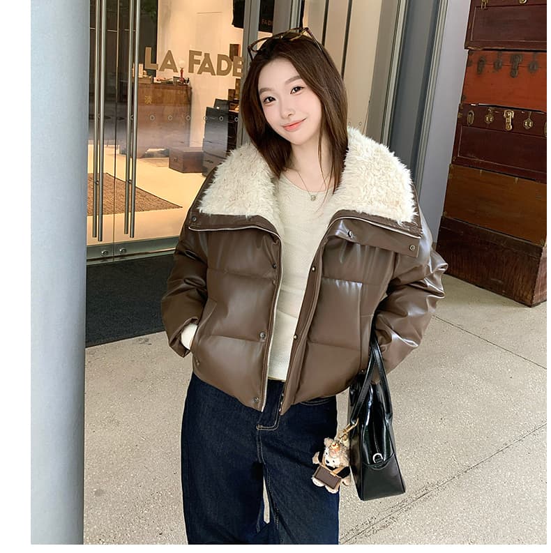 실사 2026 겨울 새로운 양털 빅 칼라 한 부서 루즈핏 짧은 여성 PU 가죽 패션 면 의류 재킷 상세 이미지 22