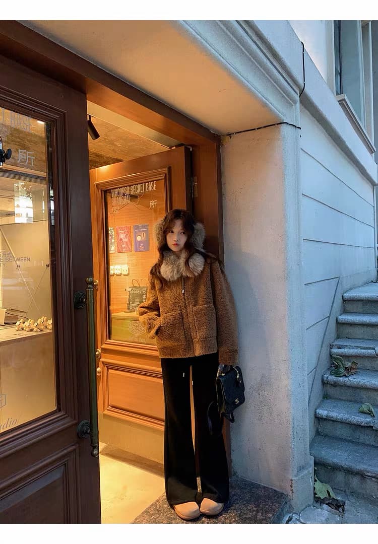 장 베이 베이 ibell 환경 보호 모방 양 어린 양 플러시 가죽 털 하나 보온 염색 포인터 전갈 모피 칼라 모피 재킷 상세 이미지 5