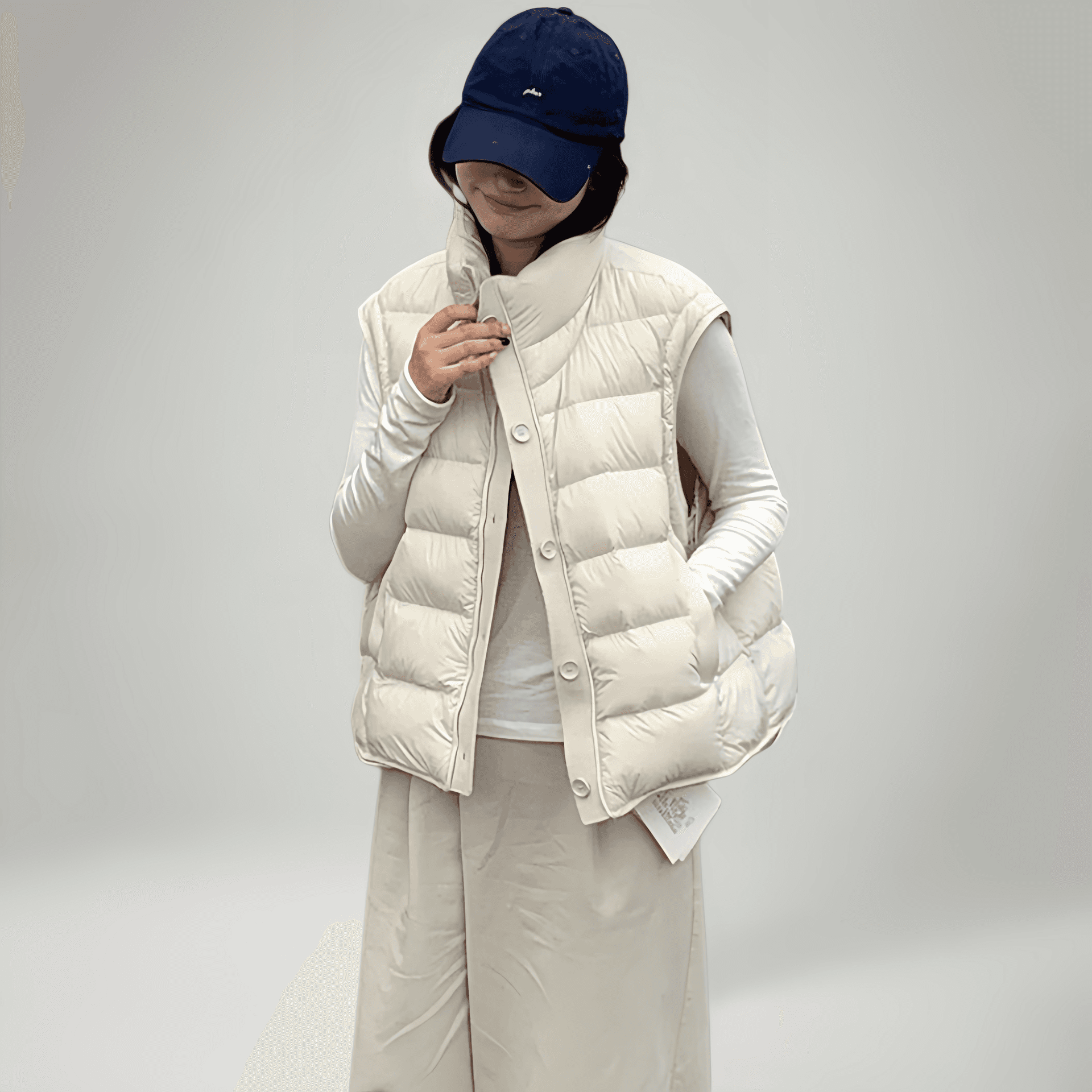 화이트 덕 다운 한국 스타일 빅 사이즈 갈비 살 섹션 다운 재킷 조끼 여자 가을 겨울 지방 mm 패션 패치워크 스탠드 칼라 민소매 어깨 상세 이미지 3