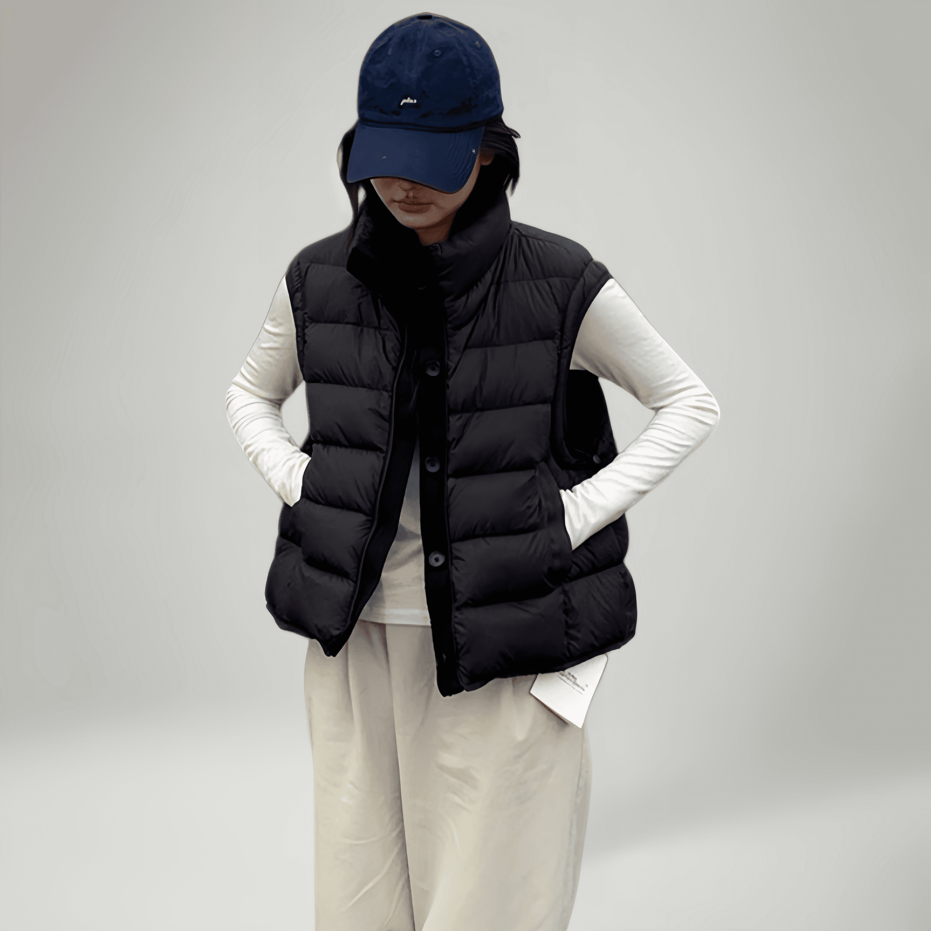 화이트 덕 다운 한국 스타일 빅 사이즈 갈비 살 섹션 다운 재킷 조끼 여자 가을 겨울 지방 mm 패션 패치워크 스탠드 칼라 민소매 어깨 상세 이미지 5