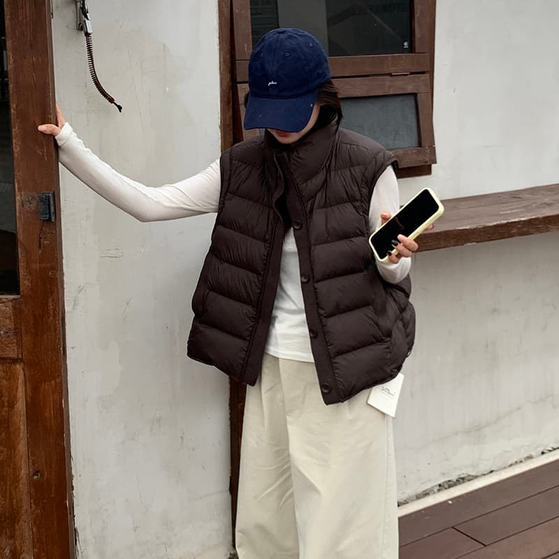 화이트 덕 다운 한국 스타일 빅 사이즈 갈비 살 섹션 다운 재킷 조끼 여자 가을 겨울 지방 mm 패션 패치워크 스탠드 칼라 민소매 어깨 상세 이미지 8