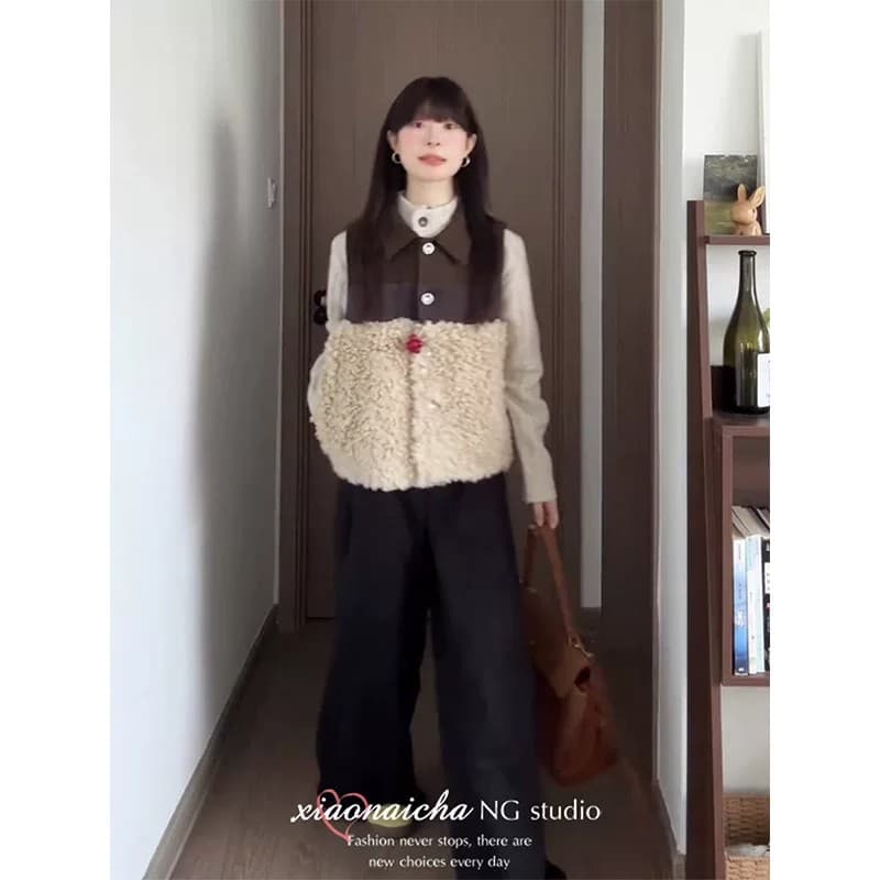 한 부서 레트로 양털 패치워크 배색 조끼 여자 가을 겨울 새로운 패션 품격 루즈핏 다용도 민소매 재킷 이미지 3