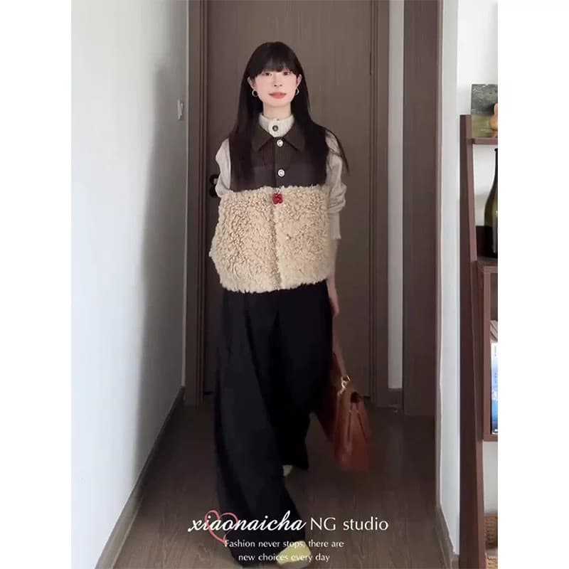 한 부서 레트로 양털 패치워크 배색 조끼 여자 가을 겨울 새로운 패션 품격 루즈핏 다용도 민소매 재킷 이미지 2