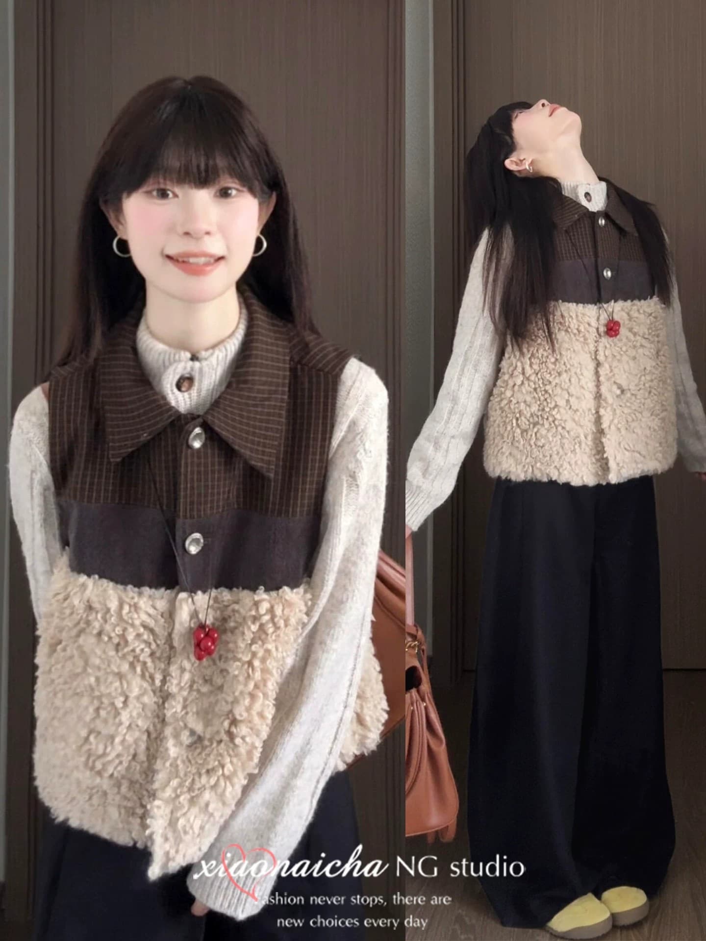 한 부서 레트로 양털 패치워크 배색 조끼 여자 가을 겨울 새로운 패션 품격 루즈핏 다용도 민소매 재킷 상세 이미지 2