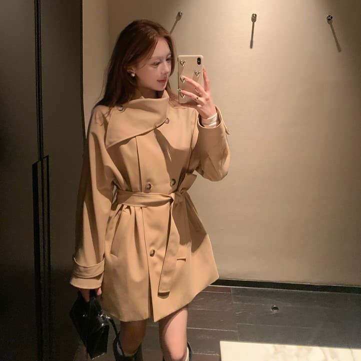 바람막이 여성 코트 목도리 칼라 품격 허리 수축 재킷 가을 어깨 소매 쇼트 스타일 2026 가을 작은 키 바람막이 코트 이미지 2