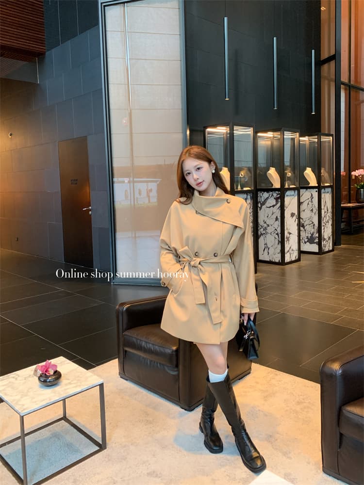 바람막이 여성 코트 목도리 칼라 품격 허리 수축 재킷 가을 어깨 소매 쇼트 스타일 2026 가을 작은 키 바람막이 코트 상세 이미지 2