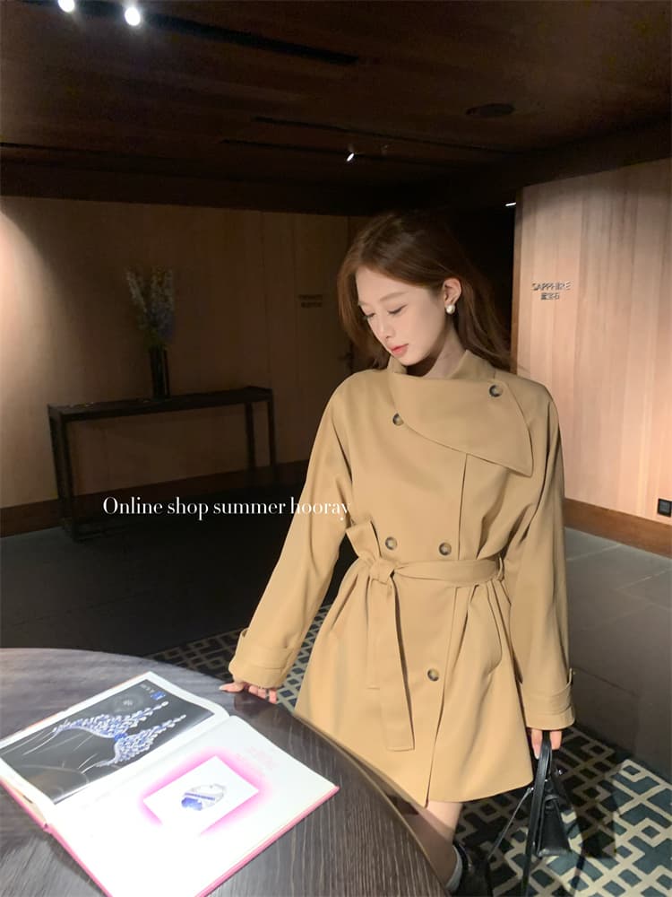 바람막이 여성 코트 목도리 칼라 품격 허리 수축 재킷 가을 어깨 소매 쇼트 스타일 2026 가을 작은 키 바람막이 코트 상세 이미지 4