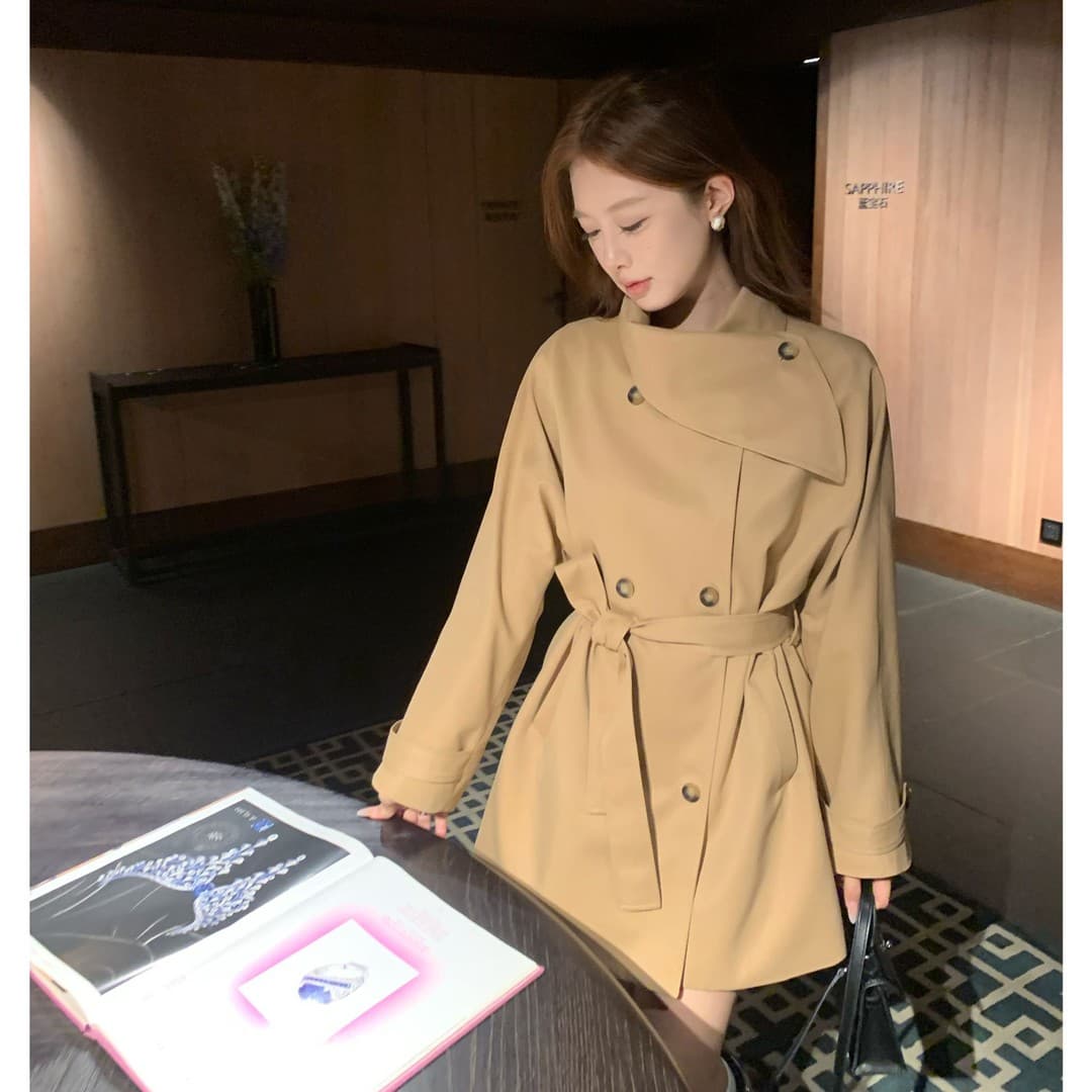 바람막이 여성 코트 목도리 칼라 품격 허리 수축 재킷 가을 어깨 소매 쇼트 스타일 2026 가을 작은 키 바람막이 코트 상세 이미지 10
