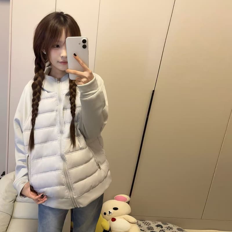2026 새로운 아래 면화 의류 여성 경량 갈비 살 패치워크 후드티 면 옷 겨울 슬림해 보이는 보온 목화 진딧물 재킷 이미지 6