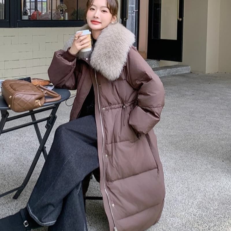 다운 재킷 26 여성 새로운 한국 스타일 패션 모조 모피 여우 모피 칼라 롱 코트 허리 수축 다용도 슬림해 보이는 면 의류 재킷 이미지 3
