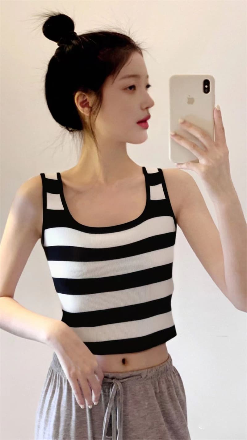 여름 새로운 한국 스타일 달콤한 미국 칼라 배색 스트라이프 민소매 몸매 가꾸기 슬림해 보이는 쇼트 스타일 조끼 맨위 상세 이미지 15