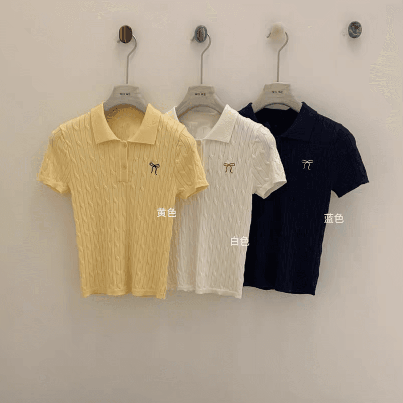 학원 스타일 polo 폴로 칼라 니트 반팔 여성 여름 새로운 나비 매듭 자수 디자인 센스 티셔츠 맨위 이미지 4