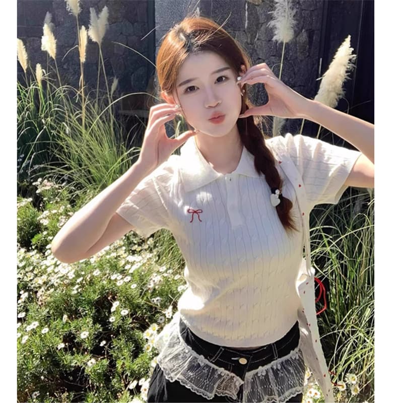 학원 스타일 polo 폴로 칼라 니트 반팔 여성 여름 새로운 나비 매듭 자수 디자인 센스 티셔츠 맨위