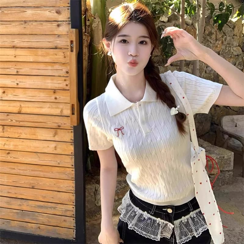 학원 스타일 polo 폴로 칼라 니트 반팔 여성 여름 새로운 나비 매듭 자수 디자인 센스 티셔츠 맨위 이미지 2