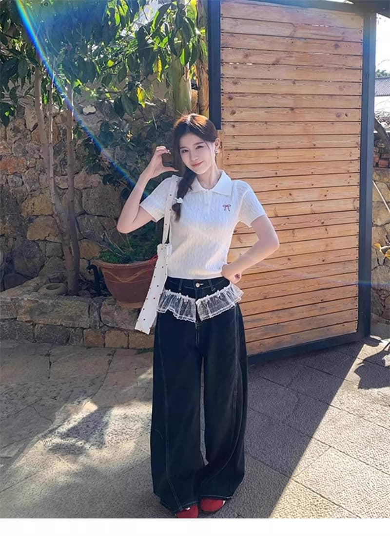 학원 스타일 polo 폴로 칼라 니트 반팔 여성 여름 새로운 나비 매듭 자수 디자인 센스 티셔츠 맨위 상세 이미지 3