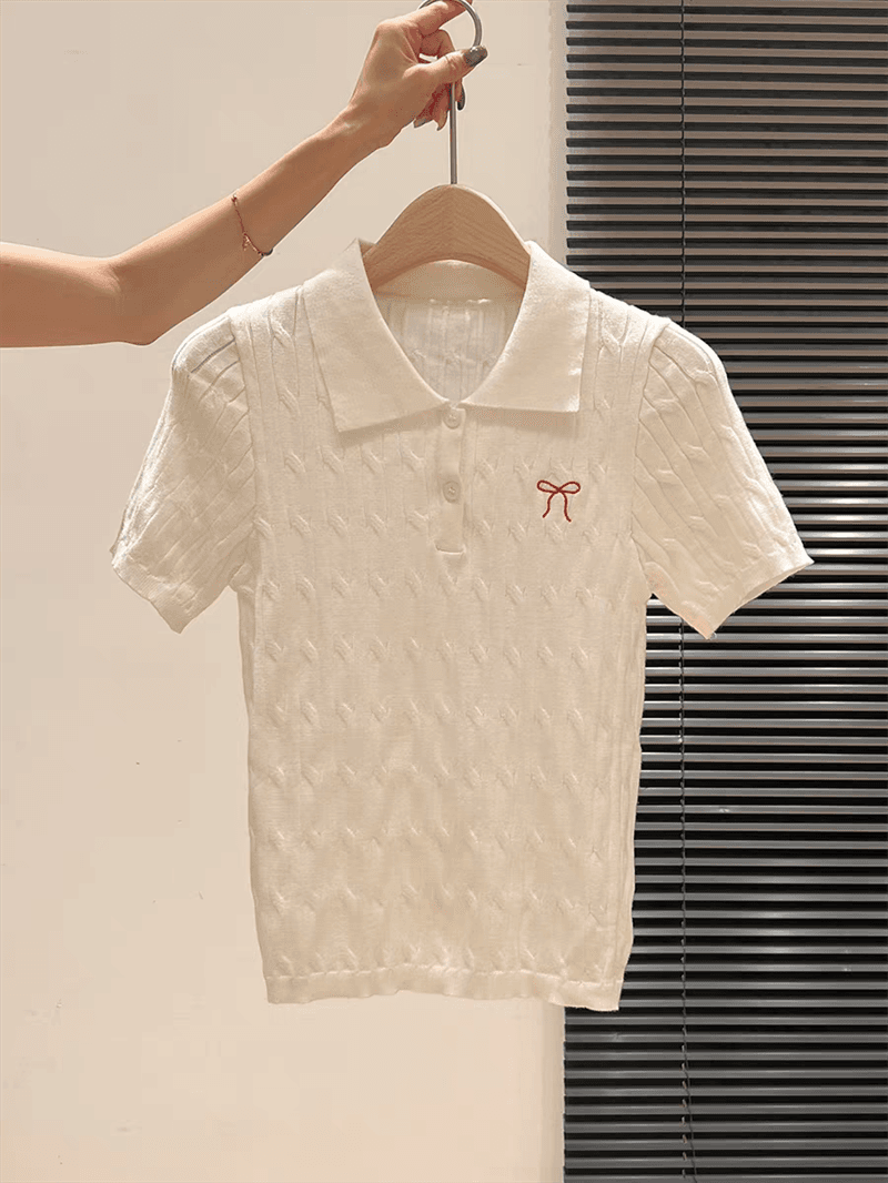 학원 스타일 polo 폴로 칼라 니트 반팔 여성 여름 새로운 나비 매듭 자수 디자인 센스 티셔츠 맨위 상세 이미지 17