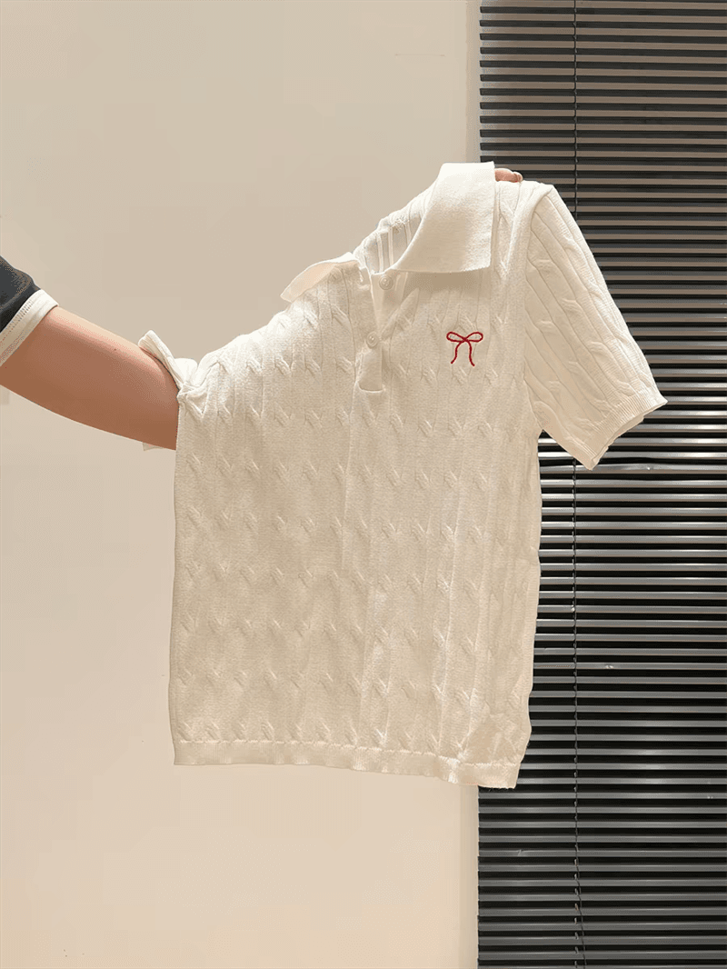 학원 스타일 polo 폴로 칼라 니트 반팔 여성 여름 새로운 나비 매듭 자수 디자인 센스 티셔츠 맨위 상세 이미지 19