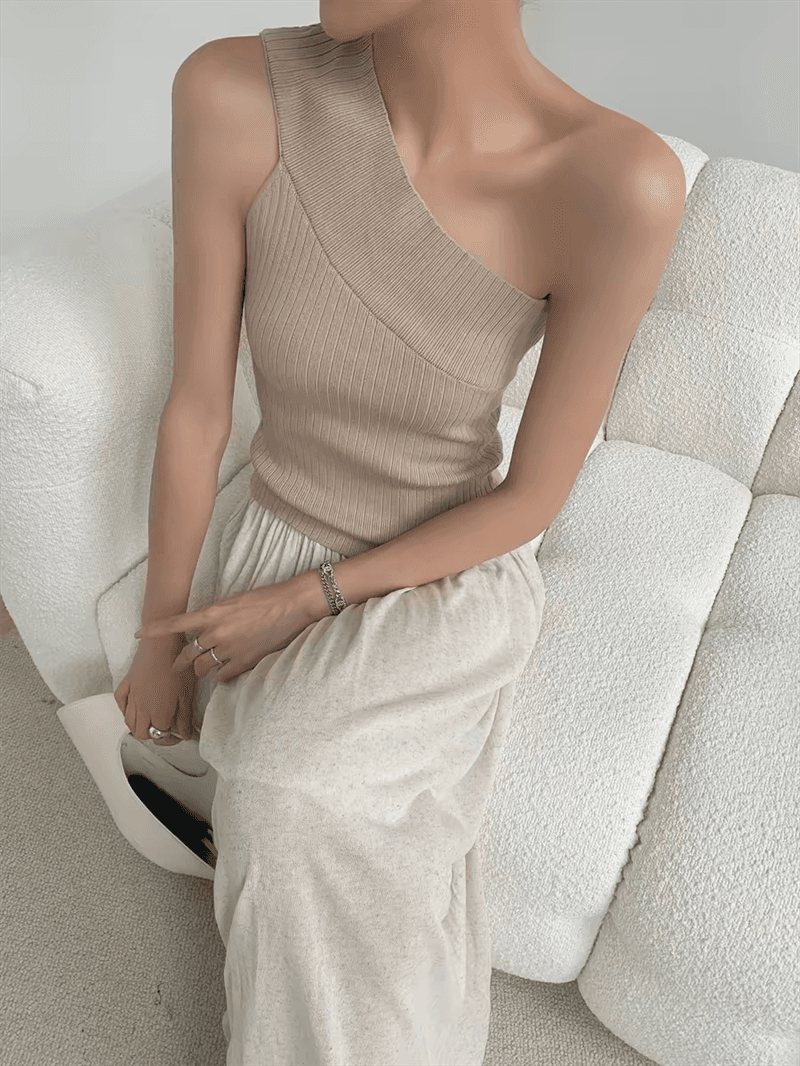 프랑스식 작은 대중 불규칙 비스듬한 어깨 오프숄더 민소매 조끼 니트 스웨터 여성 여름 새로운 디자인 센스 슬림해 보이는 맨위 상세 이미지 16