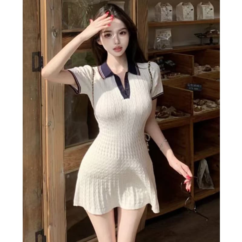 배색 꽈배기 POLO 칼라 반팔 여성 드레스 여름 허리 수축 니트 치마 학원 스타일 몸매 가꾸기 한 마디 미니 스커트 이미지 2