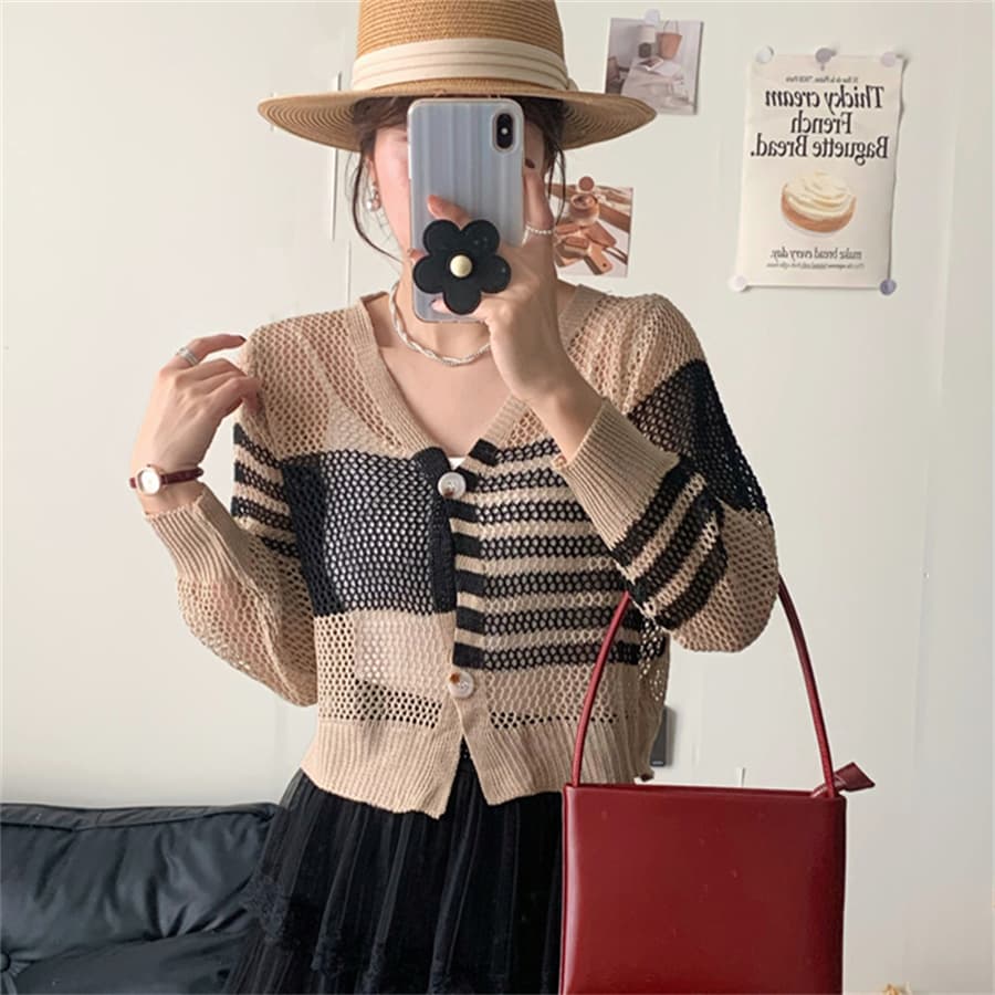 실사 불규칙 홀로우 아웃 니트 오픈 가디건 여성 코트 봄 가을 새로운 긴팔 자외선 차단 숄 블라우스 얇은 외부 가져 가라. 상세 이미지 11
