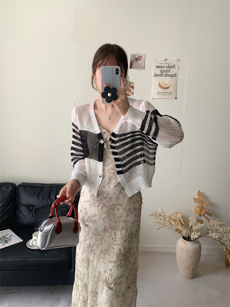 실사 불규칙 홀로우 아웃 니트 오픈 가디건 여성 코트 봄 가을 새로운 긴팔 자외선 차단 숄 블라우스 얇은 외부 가져 가라. 상세 이미지 23