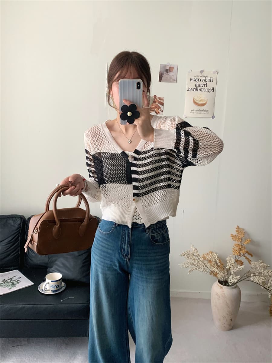 실사 불규칙 홀로우 아웃 니트 오픈 가디건 여성 코트 봄 가을 새로운 긴팔 자외선 차단 숄 블라우스 얇은 외부 가져 가라. 상세 이미지 27