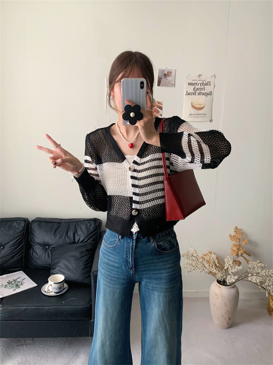 실사 불규칙 홀로우 아웃 니트 오픈 가디건 여성 코트 봄 가을 새로운 긴팔 자외선 차단 숄 블라우스 얇은 외부 가져 가라. 상세 이미지 30