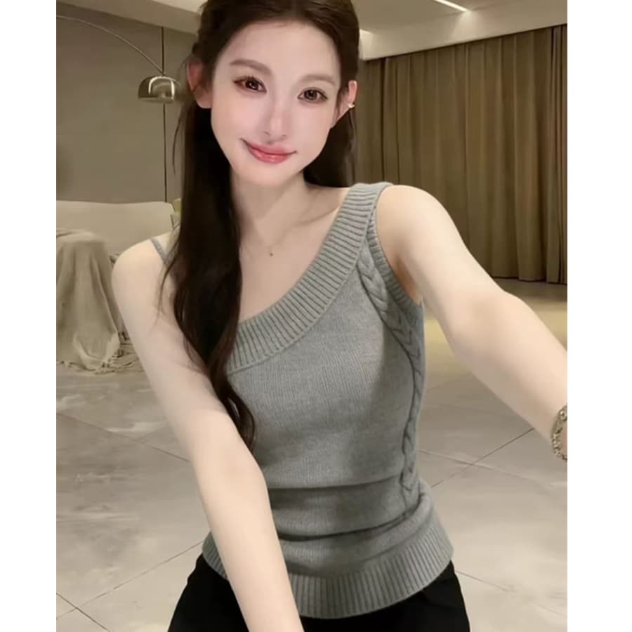 프랑스식 비스듬한 어깨 슬립 니트 조끼 여성 새로운 작은 키 몸매 가꾸기 슬림해 보이는 인사이드 가져 가라. 외출용 고급 센스 맨위 여름