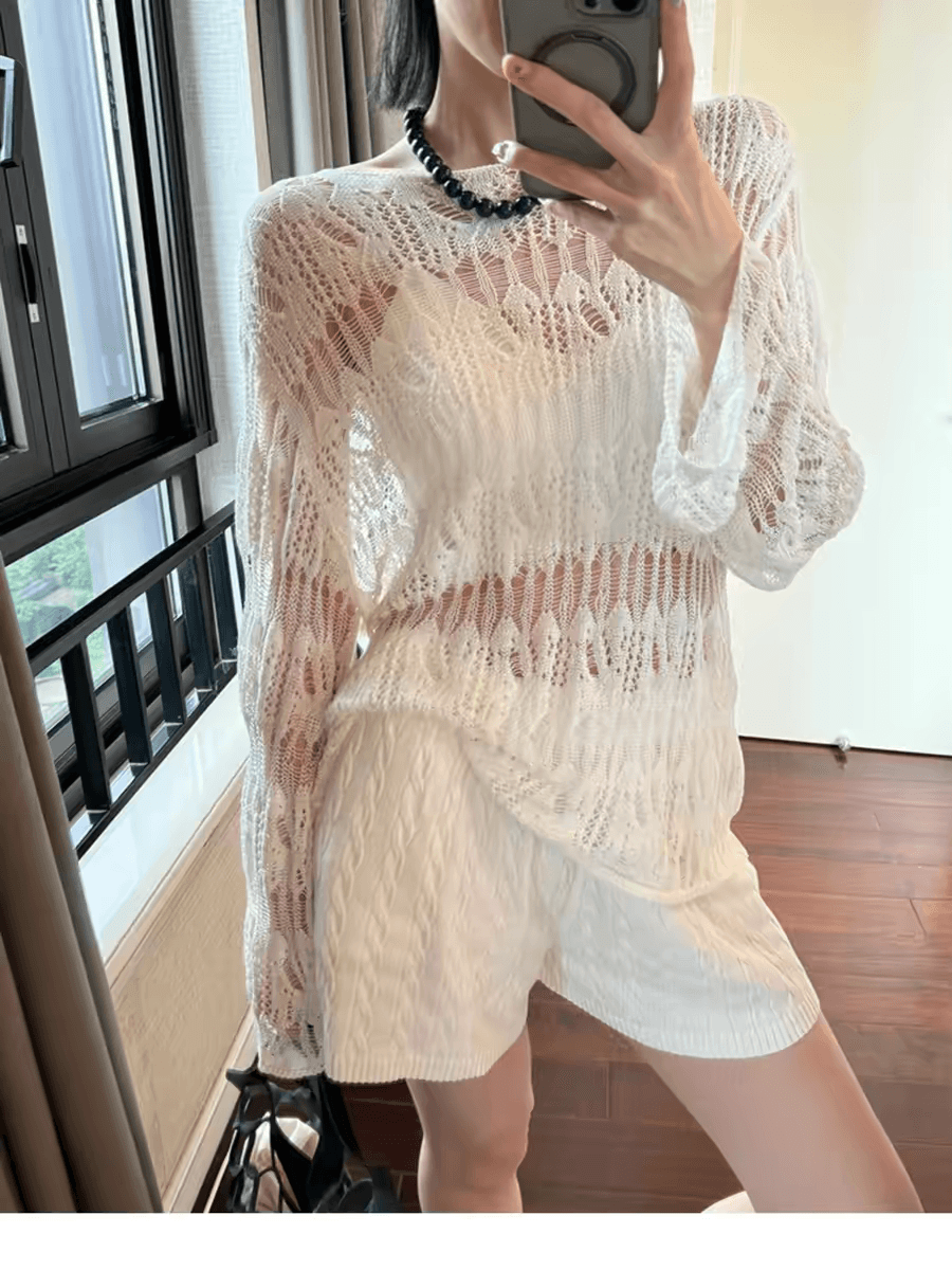 올해 여름 인기 프랑스식 고급 센스 순수한 욕망 핫걸 느긋한 바람 패션 다용도 화이트 홀로우 아웃 니트 스웨터 여성 상세 이미지 7